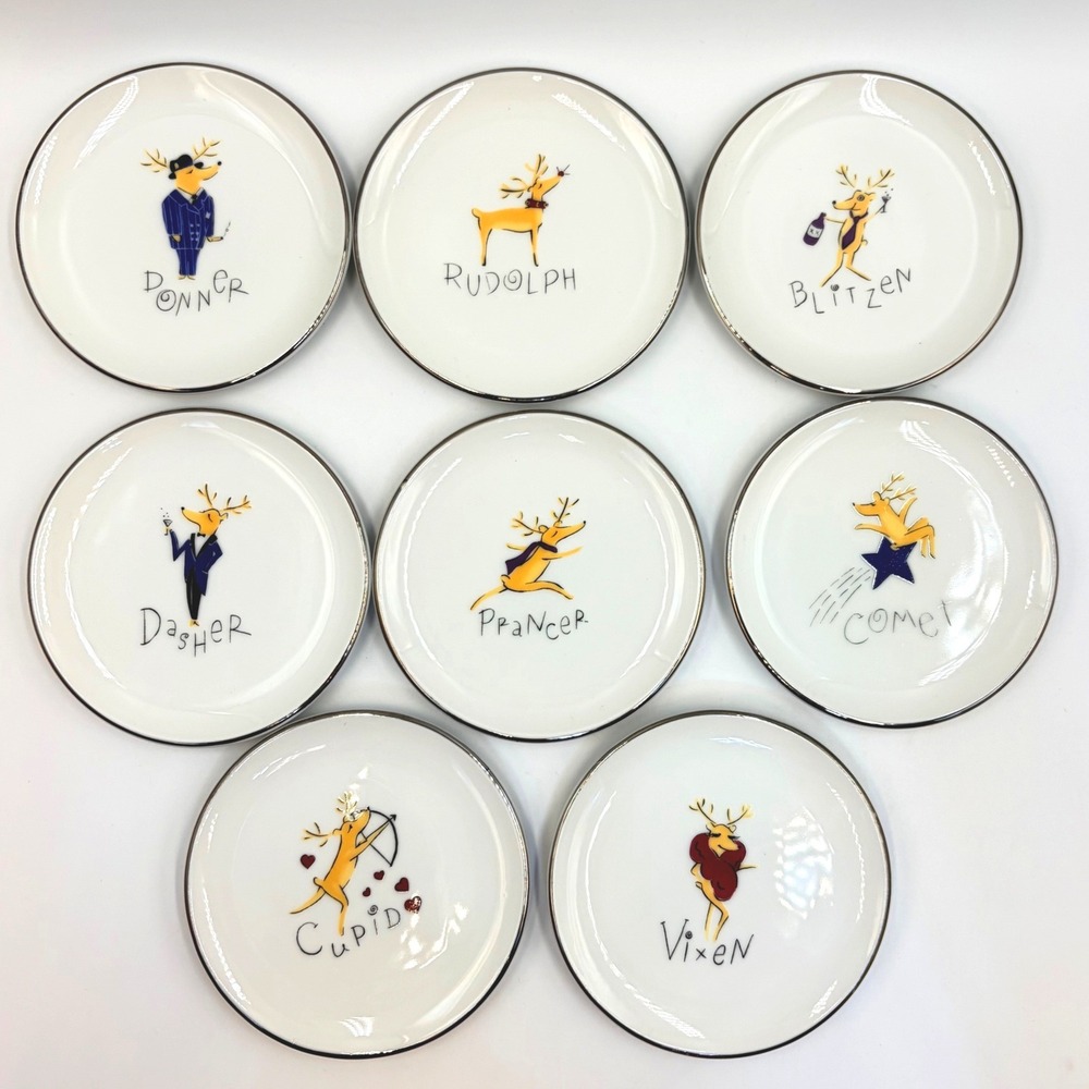 8 Pottery Barn Reindeer Appetizer Plates Coasters Christmas Holiday 4" Japan - Picture 1 of 8